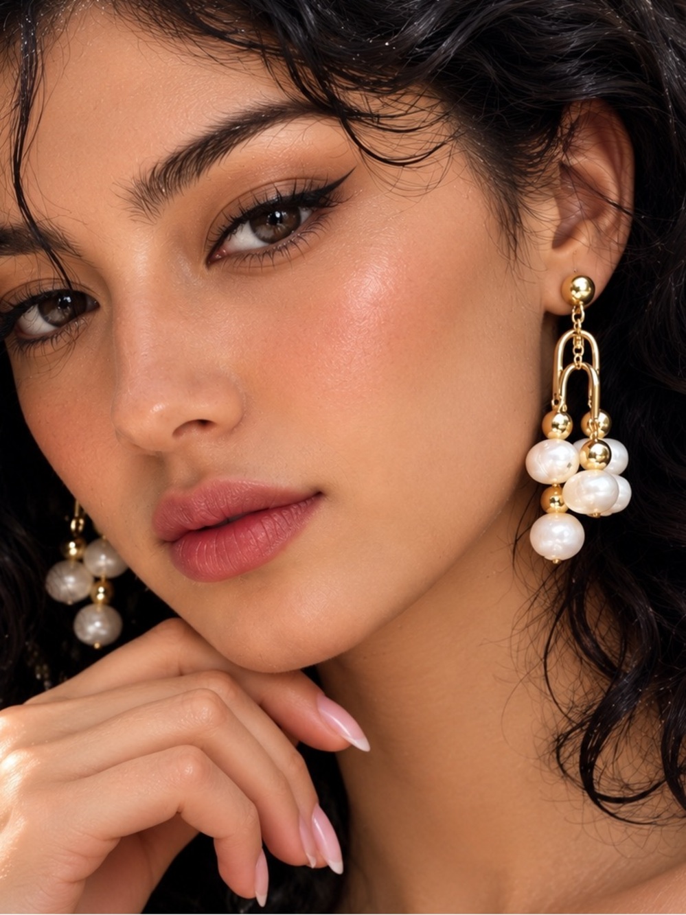 Anthropologie Gold and White Pearl Cluster Drop Earrings